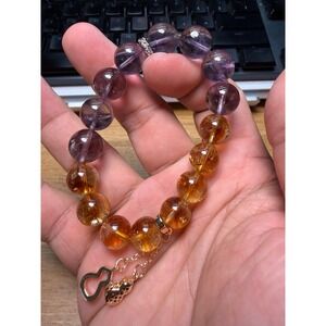 Natural Brazilian Amethyst Bracelet with Yellow Phantom Quartz and Gourd Charms.